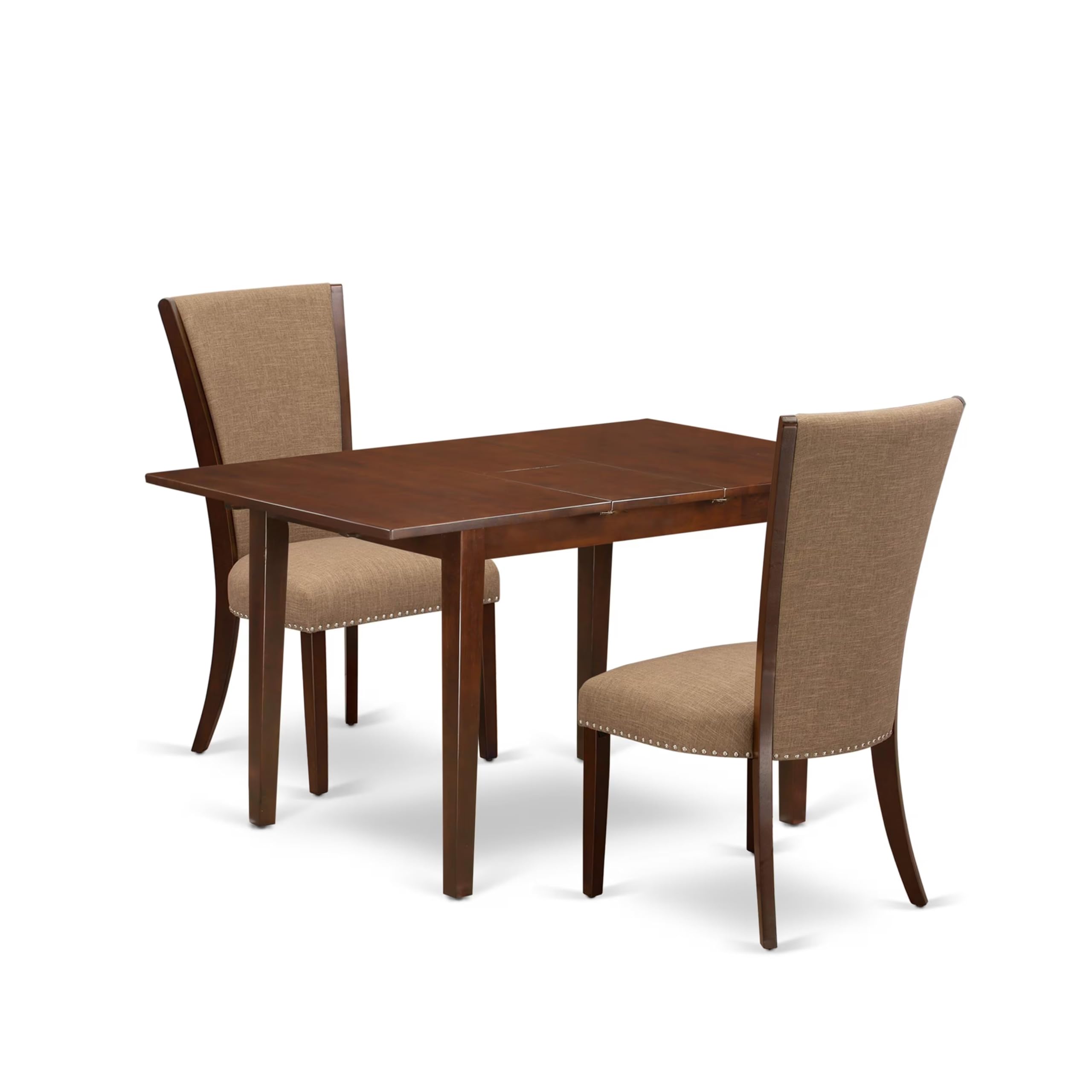 East West Furniture Nfve3-Mah-47 3 Piece Kitchen Table Set Contains A Rectangle Dining Room Table With Butterfly Leaf And 2 Light Sable Linen Fabric Parson Chairs, 32X54 Inch, Mahogany